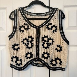 Black and Cream Hand-Crocheted Floral Vest